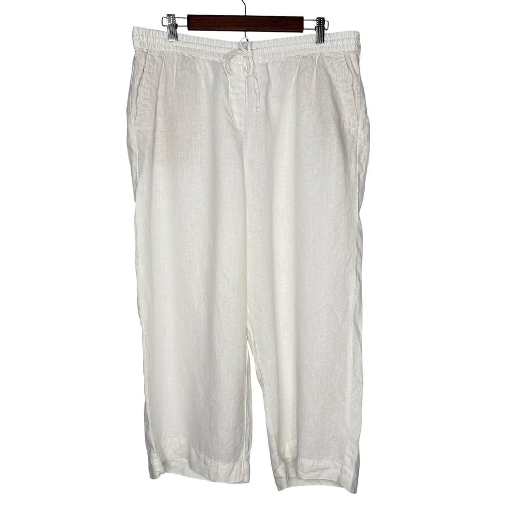 Talbots 100% Linen Pants 14 L White Cropped Wide Leg Capri Drawstring Minimalist